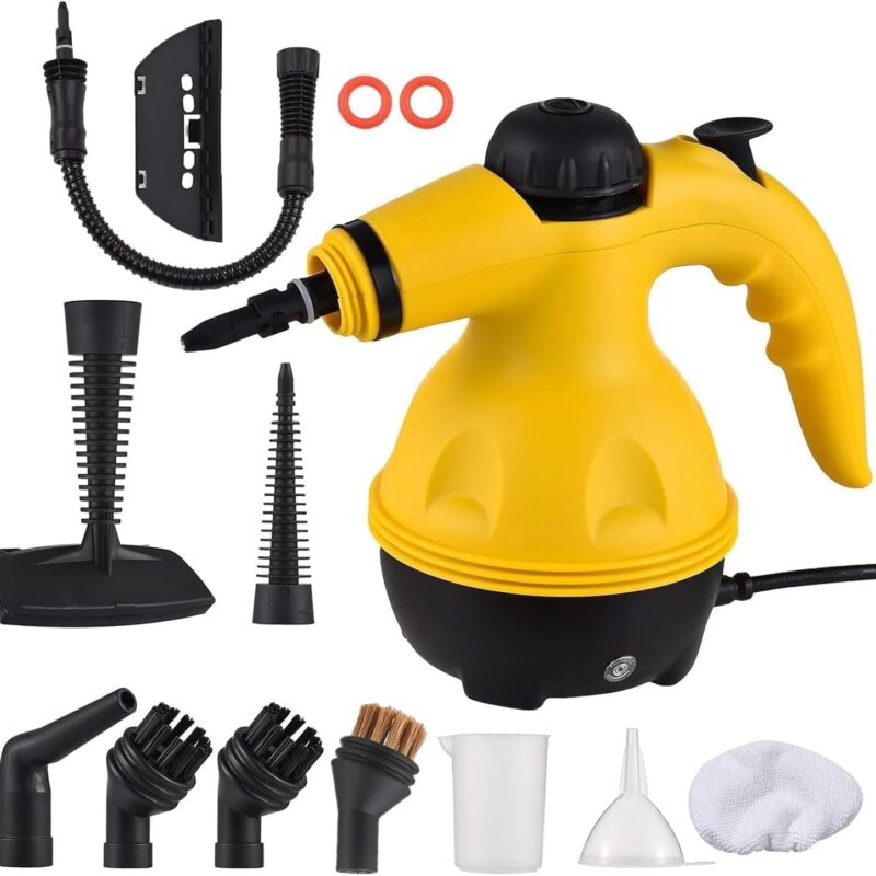 Portable Handheld Steam Cleaner 1000W Multifunctional High Temperature Pressurized Steam Cleaning Machine with 9PCS Accessory for Kitchen Sofa Bathroom Car Window,2 Nylon and 1 Copper Brush