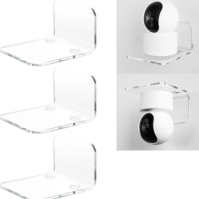 Acrylic Floating Wall Shelves Set of 3 for Security Cameras, Baby Monitors, Speakers - Universal Small Wall Shelf, 10-Piece Strong Tapes, No Drill (Clear)