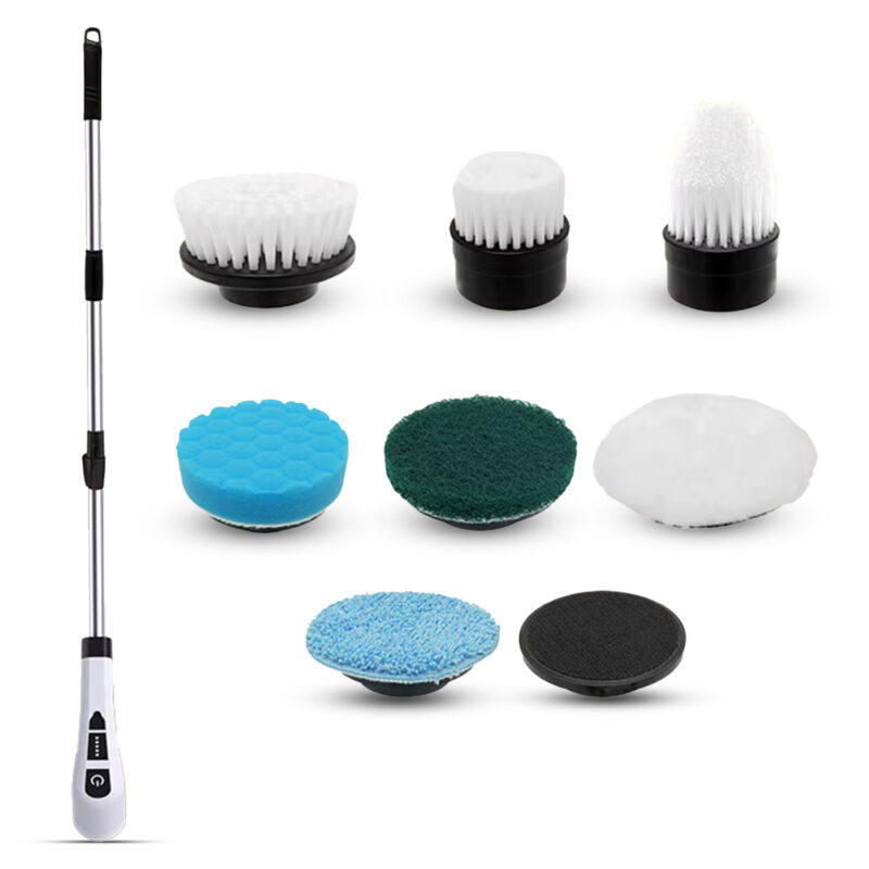 ARABIQO Electric Spin Scrubber, Cordless Cleaning Brush with 8 Replaceable Brush Heads, 90 Mins Runtime, 3 Adjustable Lengths, 2 Speed Modes, Bathroom, Shower, Bathtub, Glass, Tiles & Car Cleaning