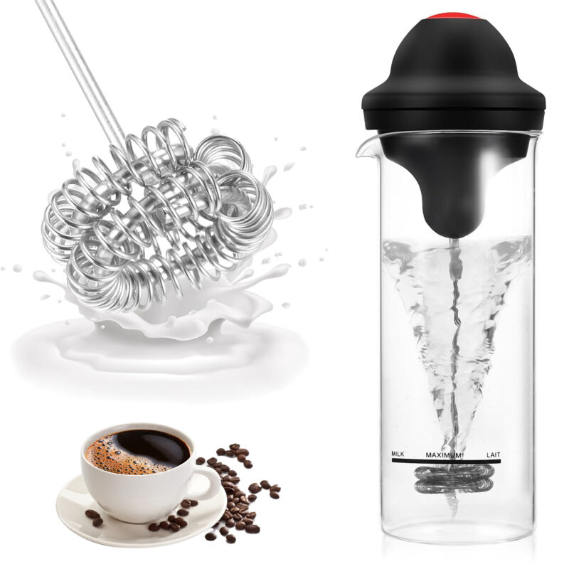 Handheld Milk Frother with Stand & Heat-Proof Glass Cup 450ml (17oz) | Electric Coffee Frother, Battery Operated Drink Mixer, Mini Whisk for Cappuccino, Latte, Hot Chocolate & More